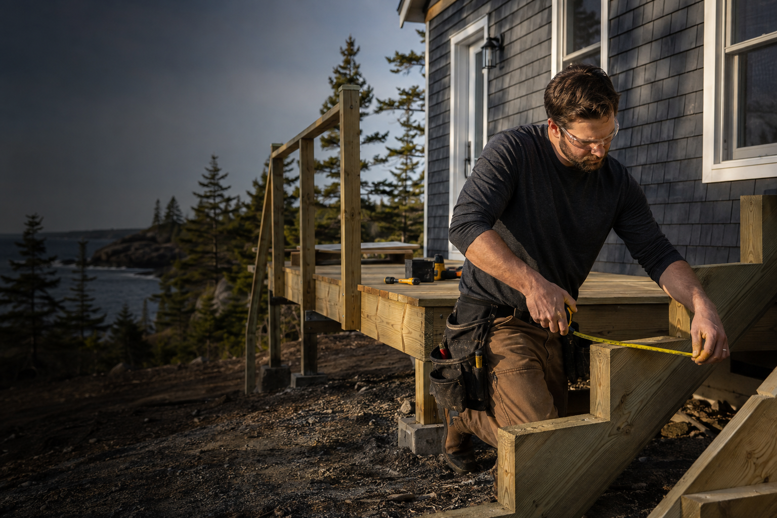 Carpenter constructing exterior timber stairs on a coastal home