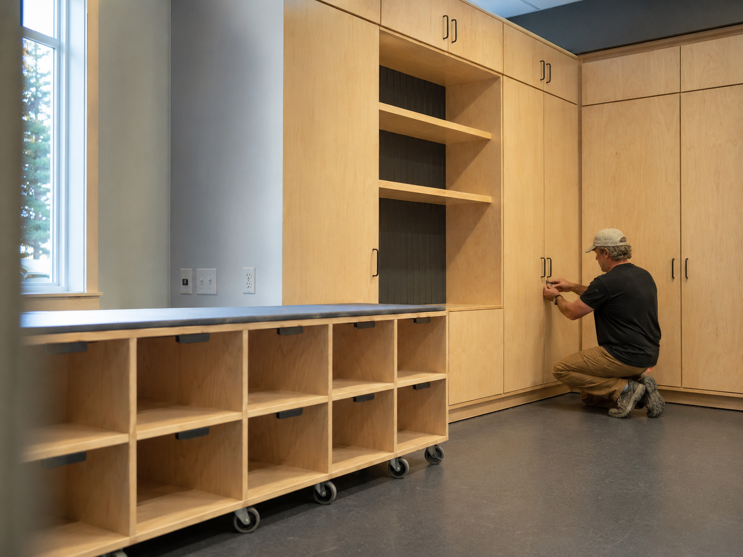 Carpenter finishing custom birch storage cabinetry